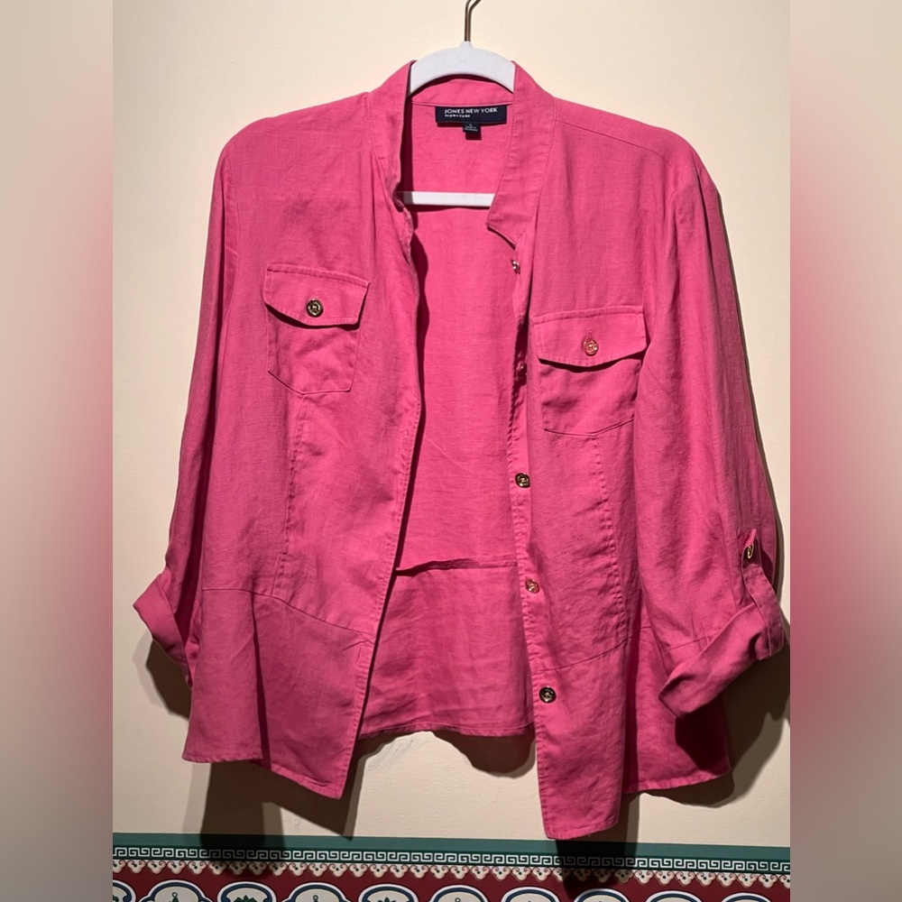EUC Jones New York Womens Size L Pink 100% Linen Button Up Long Roll Tab Sleeve